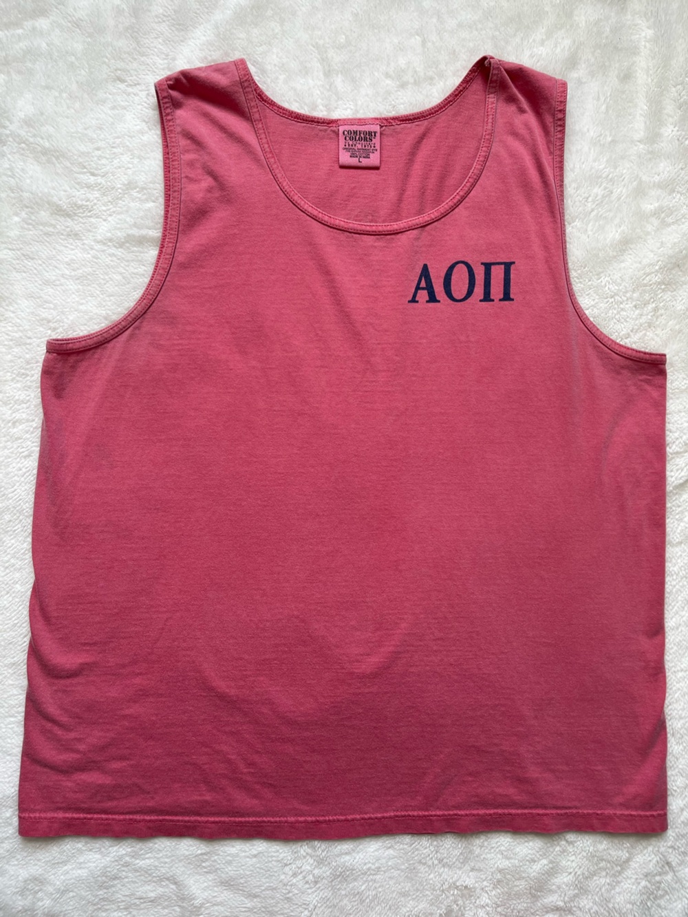 Alpha Omicron Pi Coral Pink sleeveless top with Navy Greek Letters- men’s large